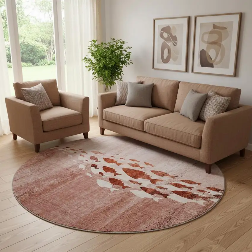 8' Terra Cotta And Ivory Nautical Washable Round Rug With UV Protection Photo 1