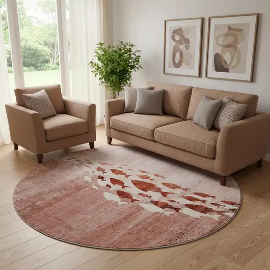 8' Terra Cotta And Ivory Nautical Washable Round Rug With UV Protection Photo 1