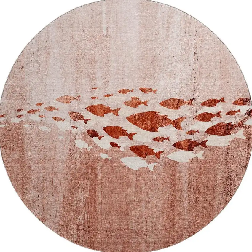 8' Terra Cotta And Ivory Nautical Washable Round Rug With UV Protection Photo 3