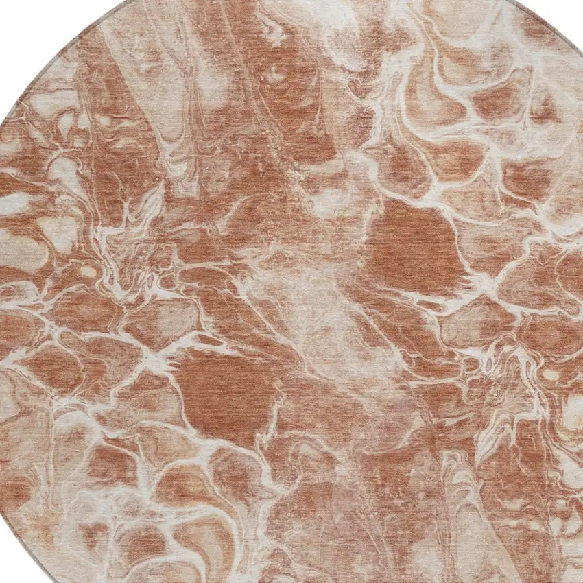 8' Terra Cotta And Ivory Round Abstract Washable Indoor Outdoor Area Rug Photo 8