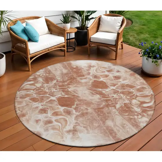 8' Terra Cotta And Ivory Round Abstract Washable Indoor Outdoor Area Rug Photo 2