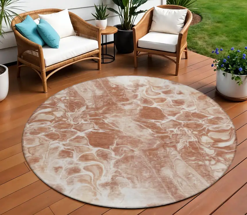 8' Terra Cotta And Ivory Round Abstract Washable Indoor Outdoor Area Rug Photo 2