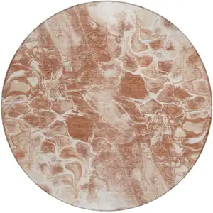 Photo of 8' Terra Cotta And Ivory Round Abstract Washable Indoor Outdoor Area Rug