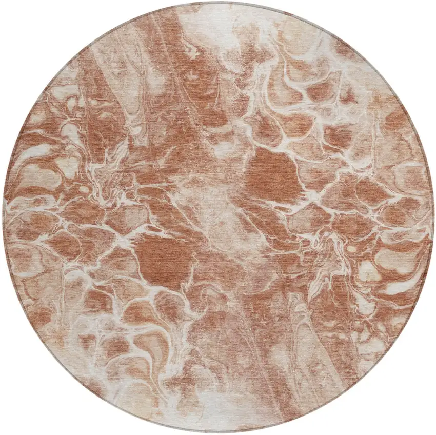8' Terra Cotta And Ivory Round Abstract Washable Indoor Outdoor Area Rug Photo 1