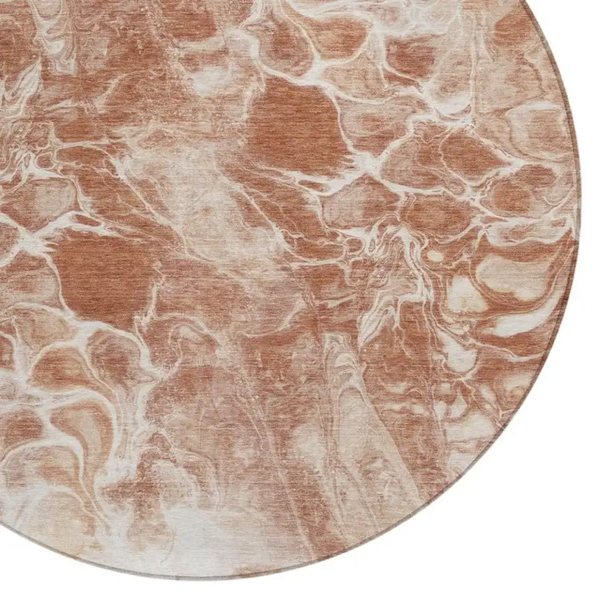 8' Terra Cotta And Ivory Round Abstract Washable Indoor Outdoor Area Rug Photo 4