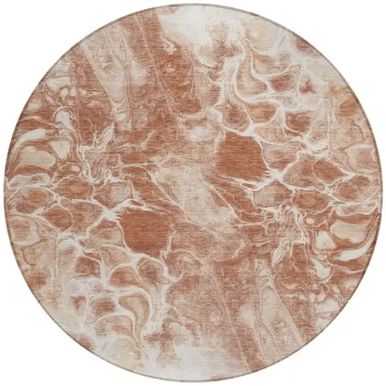 8' Terra Cotta And Ivory Round Abstract Washable Indoor Outdoor Area Rug Photo 3