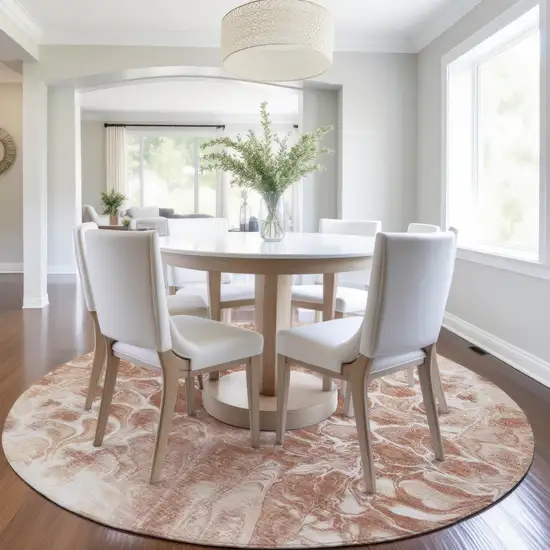 8' Terra Cotta And Ivory Round Abstract Washable Indoor Outdoor Area Rug Photo 6