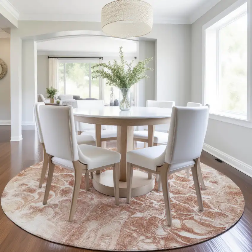 8' Terra Cotta And Ivory Round Abstract Washable Indoor Outdoor Area Rug Photo 6