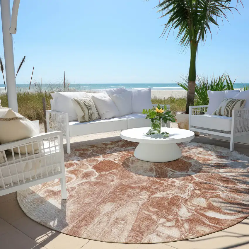 8' Terra Cotta And Ivory Round Abstract Washable Indoor Outdoor Area Rug Photo 5