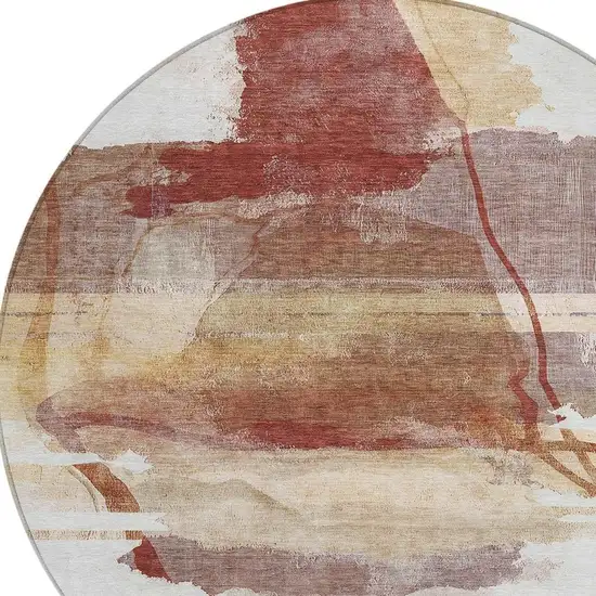 8' Terra Cotta And Ivory Round Abstract Washable Indoor Outdoor Area Rug Photo 4