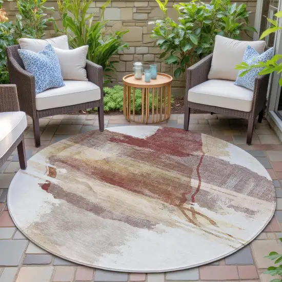 8' Terra Cotta And Ivory Round Abstract Washable Indoor Outdoor Area Rug Photo 6