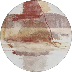 Photo of 8' Terra Cotta And Ivory Round Abstract Washable Indoor Outdoor Area Rug