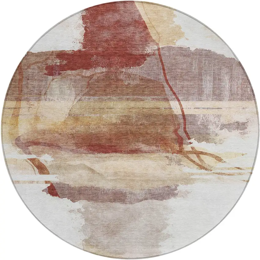 8' Terra Cotta And Ivory Round Abstract Washable Indoor Outdoor Area Rug Photo 1