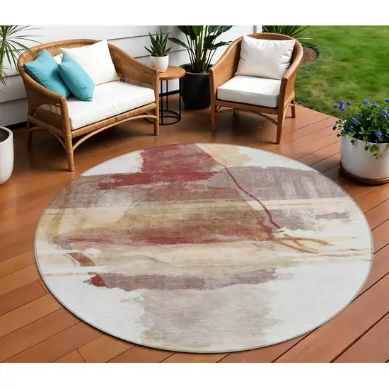 8' Terra Cotta And Ivory Round Abstract Washable Indoor Outdoor Area Rug Photo 2