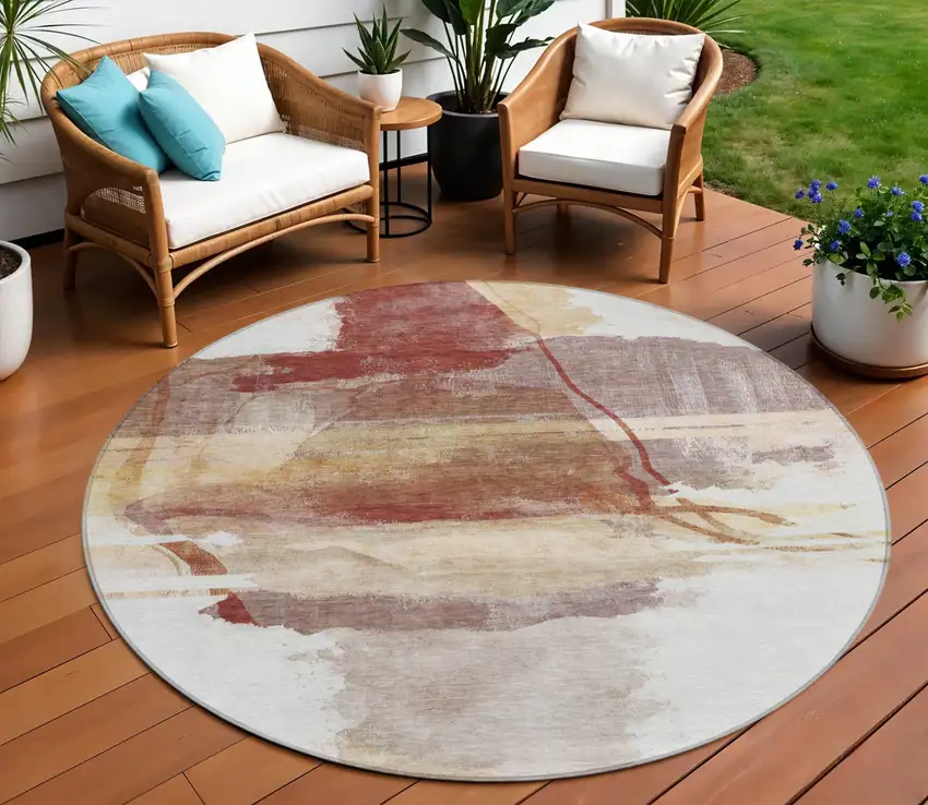 8' Terra Cotta And Ivory Round Abstract Washable Indoor Outdoor Area Rug Photo 2
