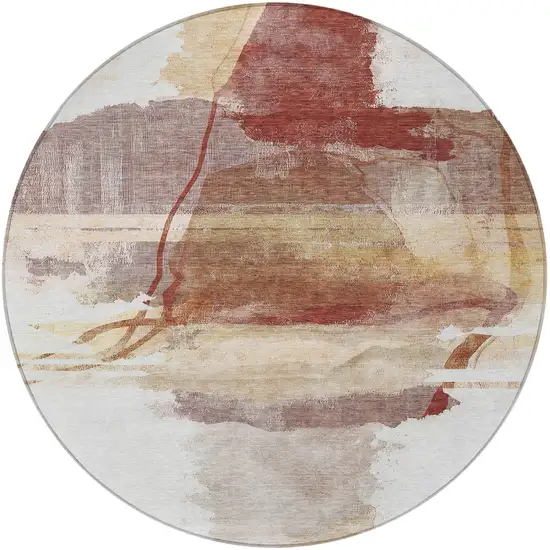 8' Terra Cotta And Ivory Round Abstract Washable Indoor Outdoor Area Rug Photo 3