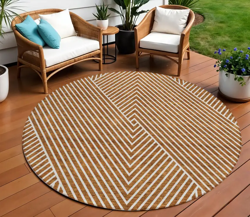8' Terra Cotta And Ivory Round Geometric Washable Indoor Outdoor Area Rug Photo 1