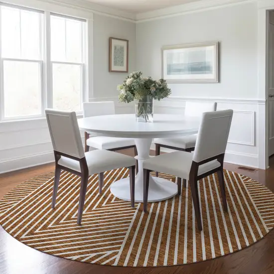 8' Terra Cotta And Ivory Round Geometric Washable Indoor Outdoor Area Rug Photo 8