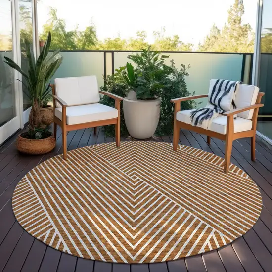 8' Terra Cotta And Ivory Round Geometric Washable Indoor Outdoor Area Rug Photo 7