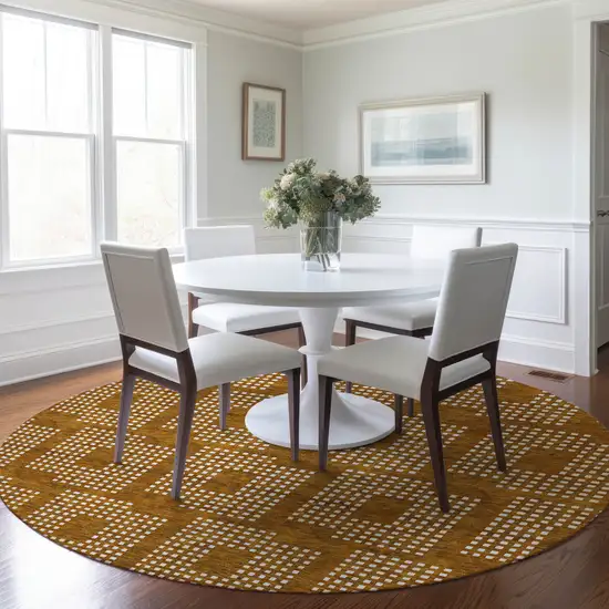 8' Terra Cotta And Ivory Round Geometric Washable Indoor Outdoor Area Rug Photo 7