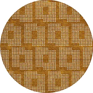Photo of 8' Terra Cotta And Ivory Round Geometric Washable Indoor Outdoor Area Rug