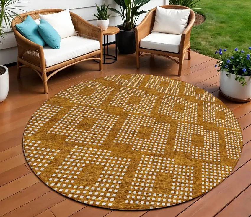 8' Terra Cotta And Ivory Round Geometric Washable Indoor Outdoor Area Rug Photo 1