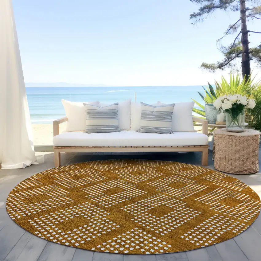 8' Terra Cotta And Ivory Round Geometric Washable Indoor Outdoor Area Rug Photo 6