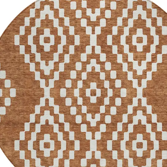 8' Terra Cotta And Ivory Round Geometric Washable Indoor Outdoor Area Rug Photo 6