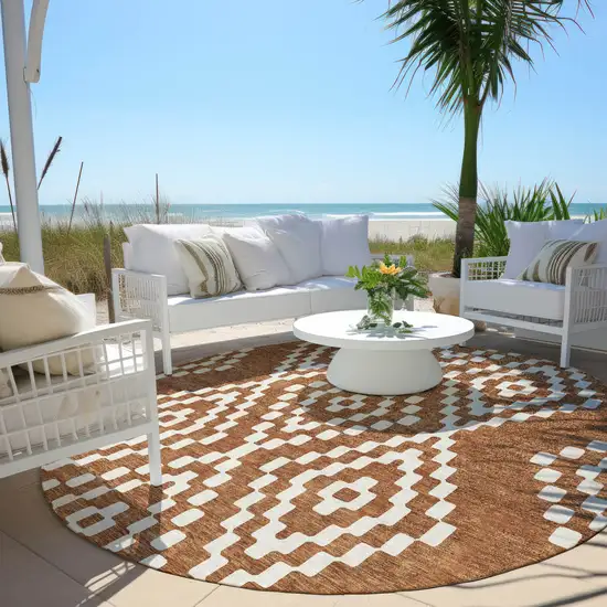 8' Terra Cotta And Ivory Round Geometric Washable Indoor Outdoor Area Rug Photo 8