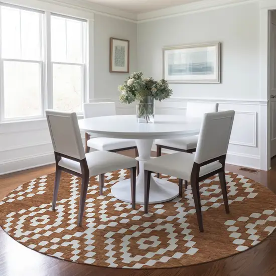 8' Terra Cotta And Ivory Round Geometric Washable Indoor Outdoor Area Rug Photo 9