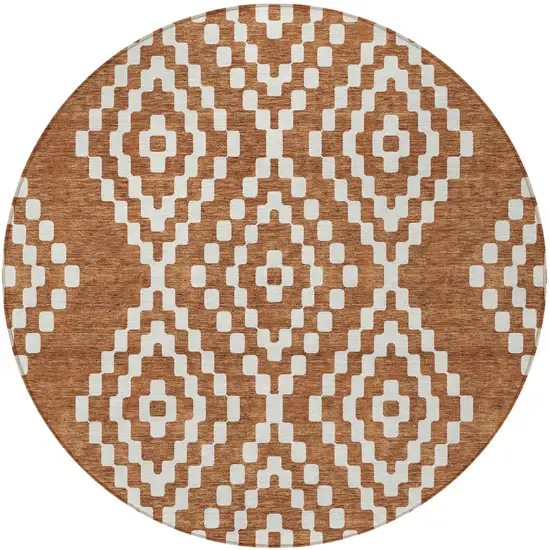 8' Terra Cotta And Ivory Round Geometric Washable Indoor Outdoor Area Rug Photo 7