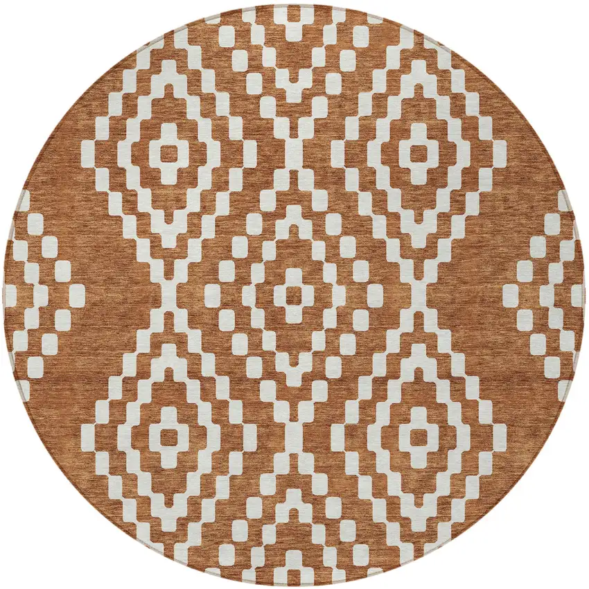 8' Terra Cotta And Ivory Round Geometric Washable Indoor Outdoor Area Rug Photo 7