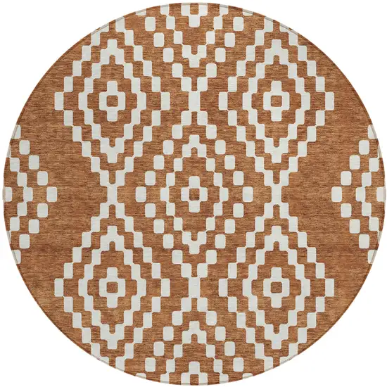 8' Terra Cotta And Ivory Round Geometric Washable Indoor Outdoor Area Rug Photo 2