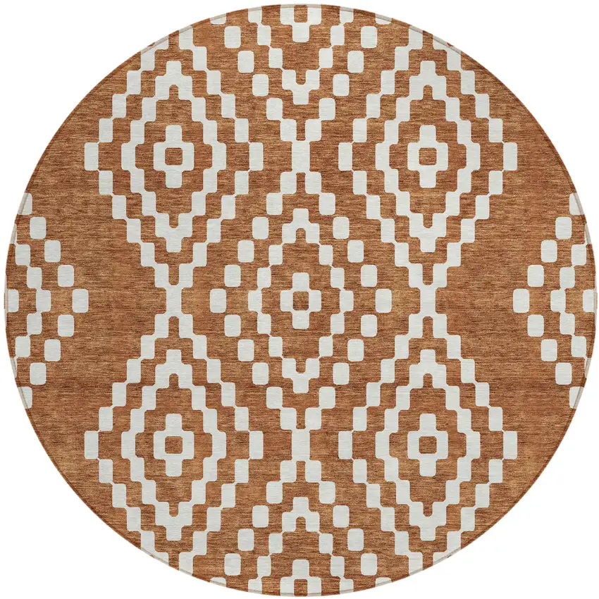 8' Terra Cotta And Ivory Round Geometric Washable Indoor Outdoor Area Rug Photo 2
