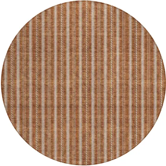 8' Terra Cotta And Ivory Round Striped Washable Indoor Outdoor Area Rug Photo 6