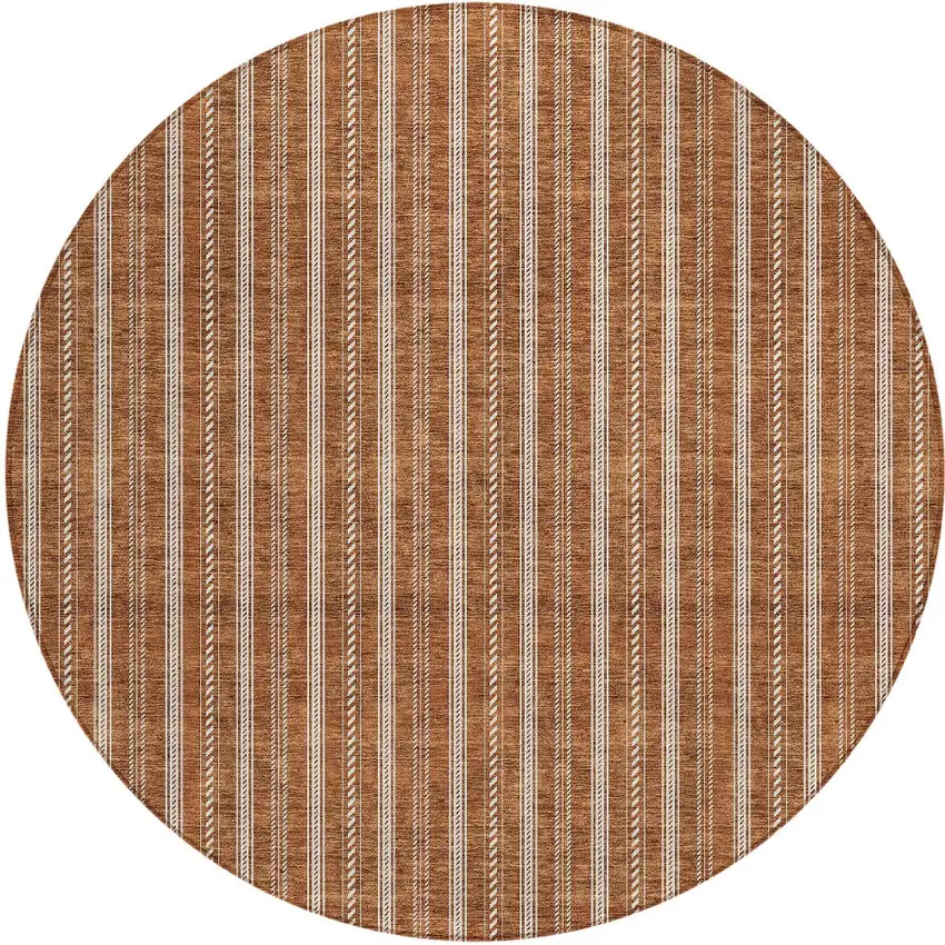 8' Terra Cotta And Ivory Round Striped Washable Indoor Outdoor Area Rug Photo 6