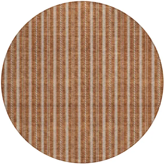 8' Terra Cotta And Ivory Round Striped Washable Indoor Outdoor Area Rug Photo 2