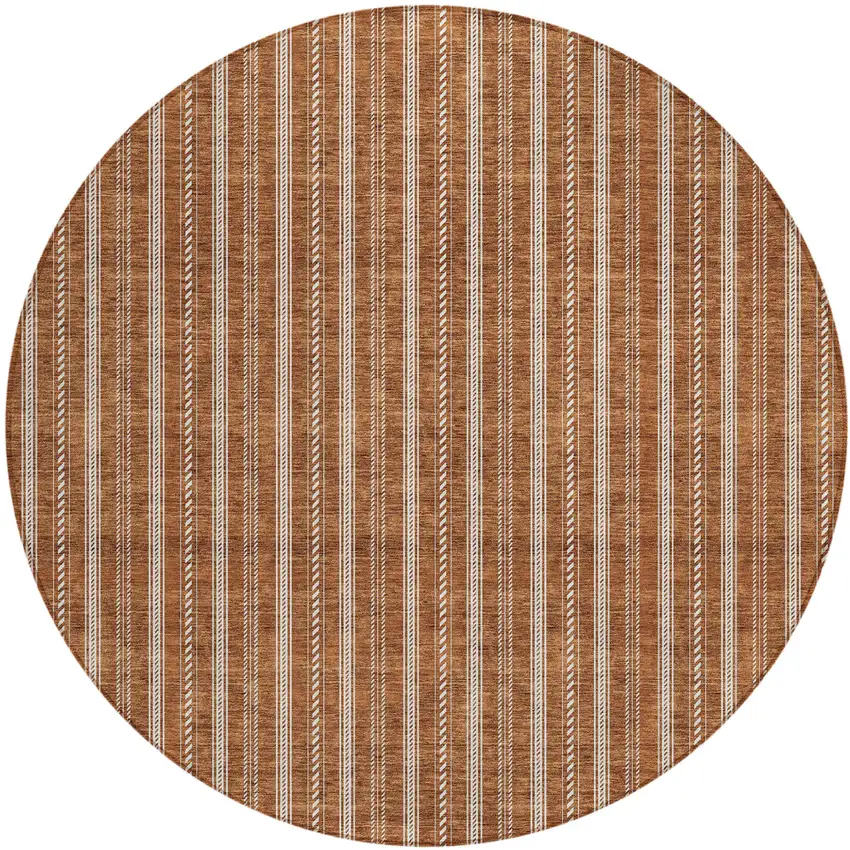 8' Terra Cotta And Ivory Round Striped Washable Indoor Outdoor Area Rug Photo 2