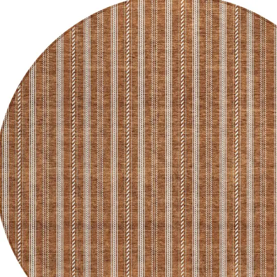 8' Terra Cotta And Ivory Round Striped Washable Indoor Outdoor Area Rug Photo 5