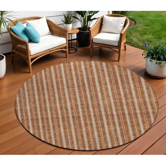 8' Terra Cotta And Ivory Round Striped Washable Indoor Outdoor Area Rug Photo 1