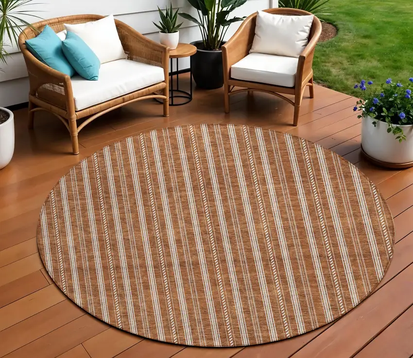 8' Terra Cotta And Ivory Round Striped Washable Indoor Outdoor Area Rug Photo 1