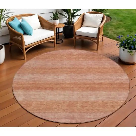 8' Terra Cotta And Peach Round Striped Washable Indoor Outdoor Area Rug Photo 2