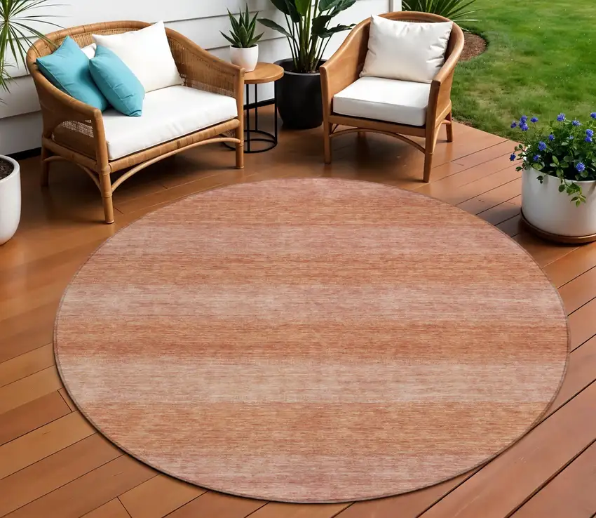 8' Terra Cotta And Peach Round Striped Washable Indoor Outdoor Area Rug Photo 2