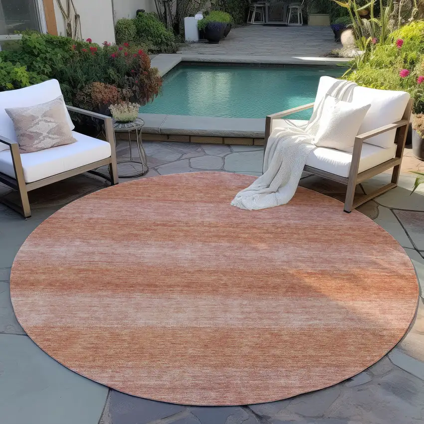 8' Terra Cotta And Peach Round Striped Washable Indoor Outdoor Area Rug Photo 6