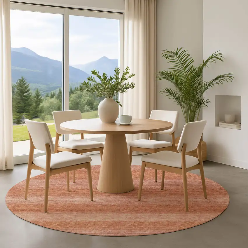 8' Terra Cotta And Peach Striped Washable Round Rug With UV Protection Photo 4