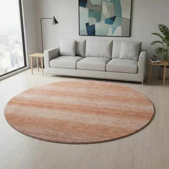 8' Terra Cotta And Peach Striped Washable Round Rug With UV Protection Photo 2