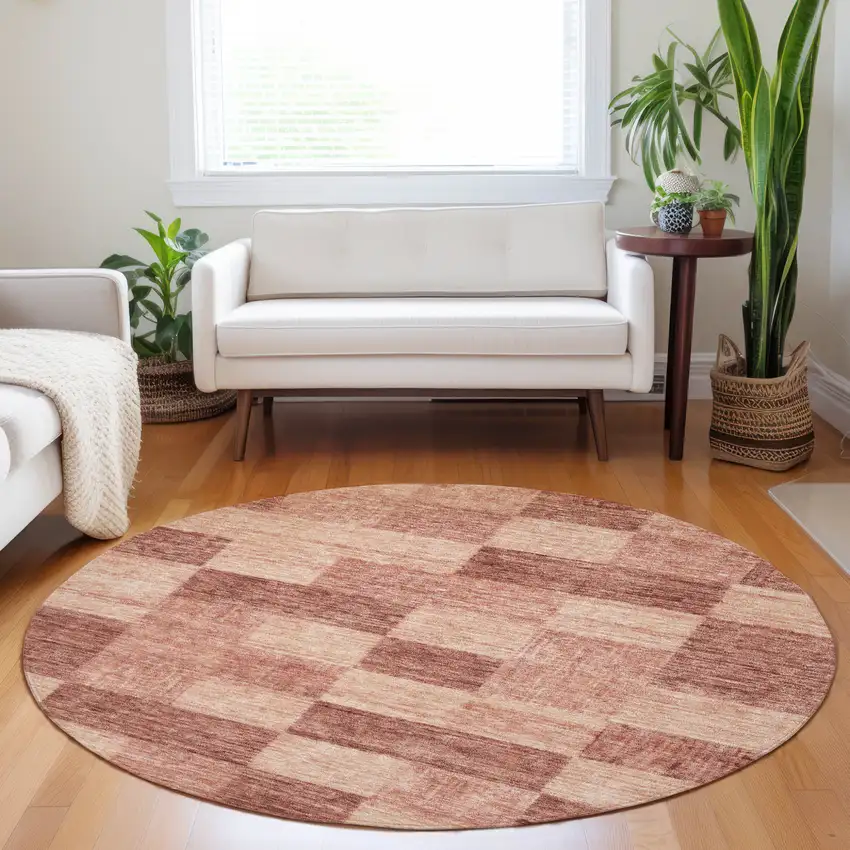 8' Terra Cotta And Pink Round Geometric Washable Indoor Outdoor Area Rug Photo 7