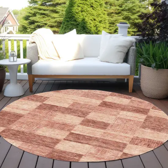 8' Terra Cotta And Pink Round Geometric Washable Indoor Outdoor Area Rug Photo 6