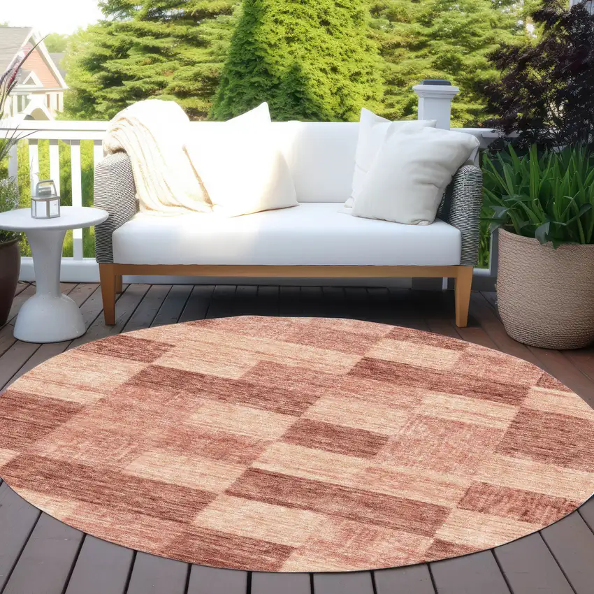 8' Terra Cotta And Pink Round Geometric Washable Indoor Outdoor Area Rug Photo 6