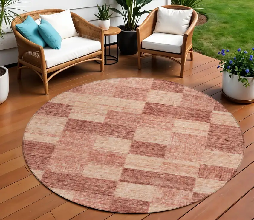 8' Terra Cotta And Pink Round Geometric Washable Indoor Outdoor Area Rug Photo 1